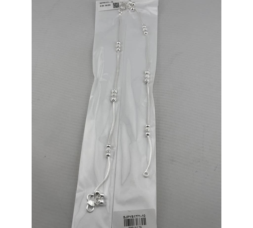 Beaded Snake Chain Silver Anklet – 99.9% Pure Silver – Adjustable – Weight:22g