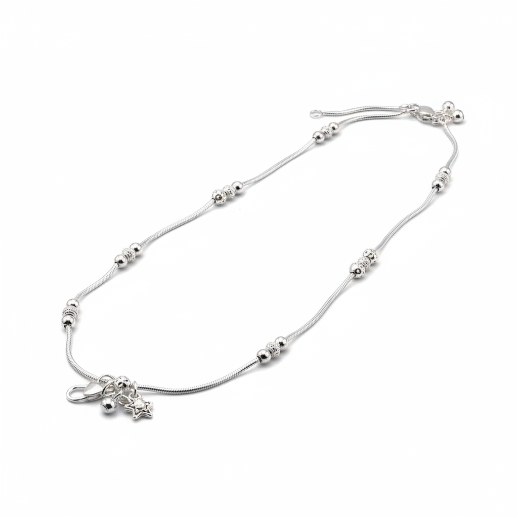Beaded Snake Chain Silver Anklet – 99.9% Pure Silver – Adjustable – Weight:22g