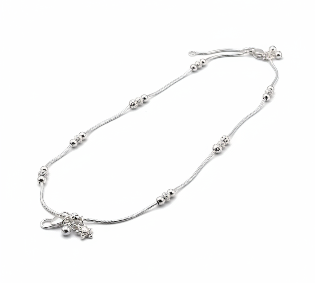 Beaded Snake Chain Silver Anklet – 99.9% Pure Silver – Adjustable – Weight:22g