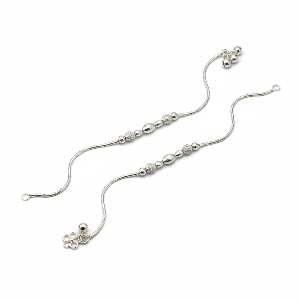 Beaded Twist Classic Silver Anklet – 99.9% Pure Silver – Adjustable – 21.80 g