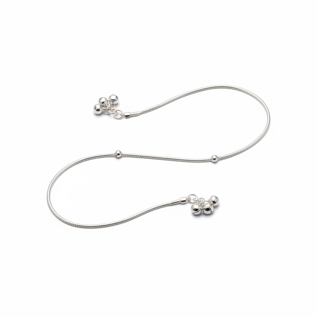 Bell Charm Minimal Silver Anklet – 99.9% Pure Silver – Weight:11g