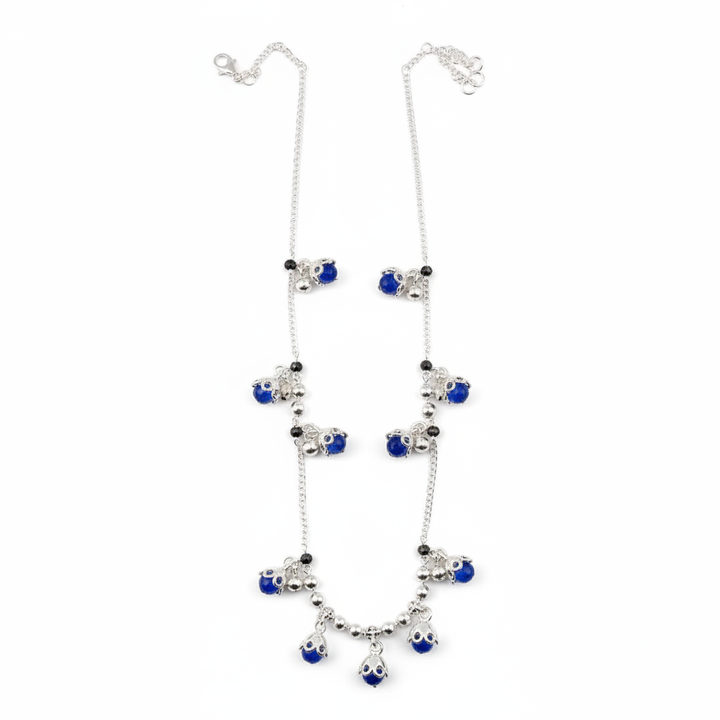 Blue Stone Bell Charm Silver Anklet – 99.9% Pure Silver – Weight:22g