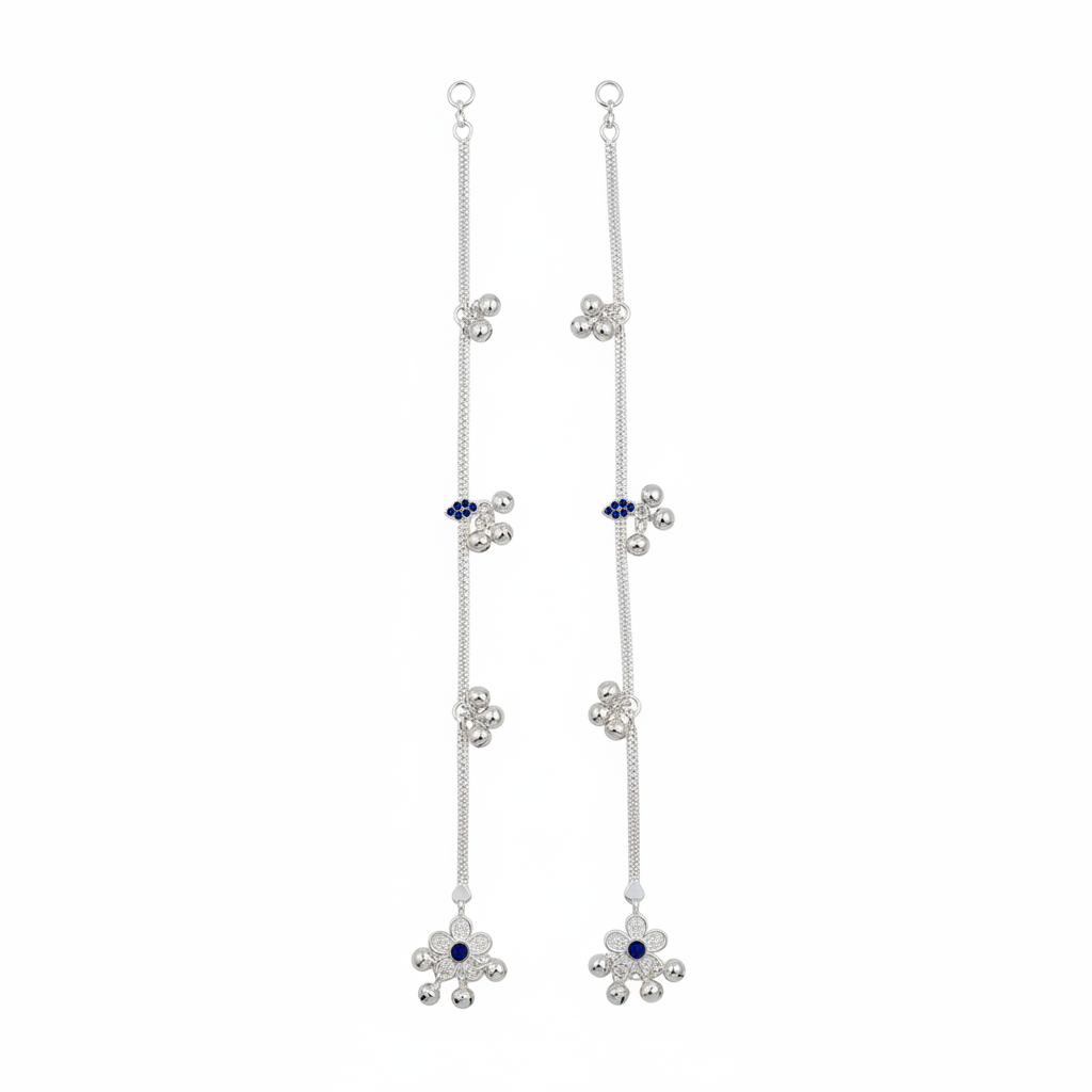 Blue Stone Silver Anklet – 925 Sterling Silver – Minimal Ghungroo & Stone Accent – Adjustable- 21g
