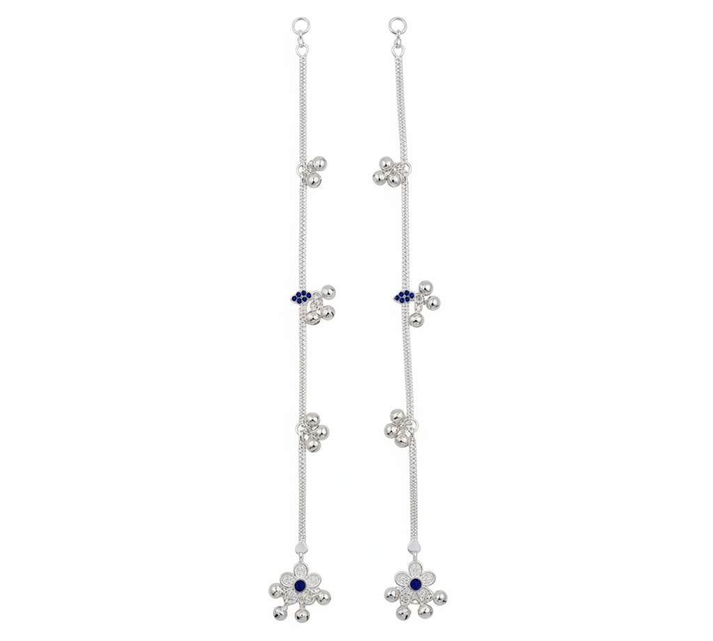 Blue Stone Silver Anklet – 925 Sterling Silver – Minimal Ghungroo & Stone Accent – Adjustable- 21g