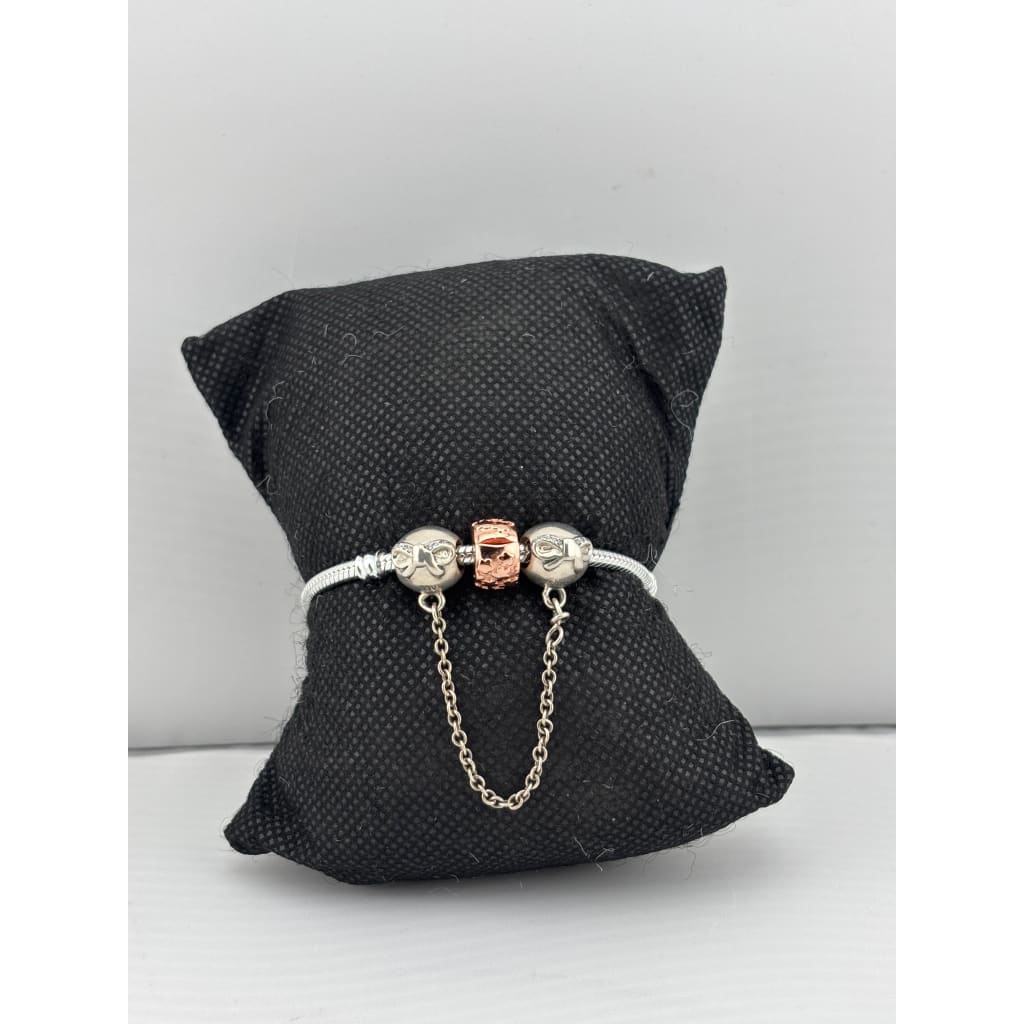 Bow Charm Silver Bracelet with Chain Drop – 925 Sterling Silver Kada with Rose Gold Accent Bead