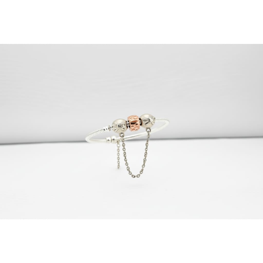 Bow Charm Silver Bracelet with Chain Drop – 925 Sterling Silver Kada with Rose Gold Accent Bead