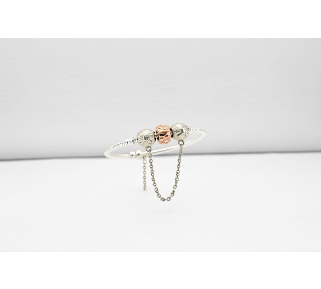 Bow Charm Silver Bracelet with Chain Drop – 925 Sterling Silver Kada with Rose Gold Accent Bead