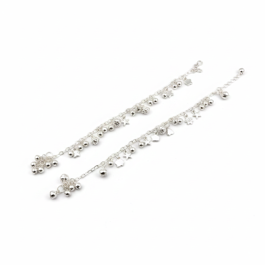 Cascade Bead Dangle Silver Anklet – 99.9% Pure Silver – Weight:22g