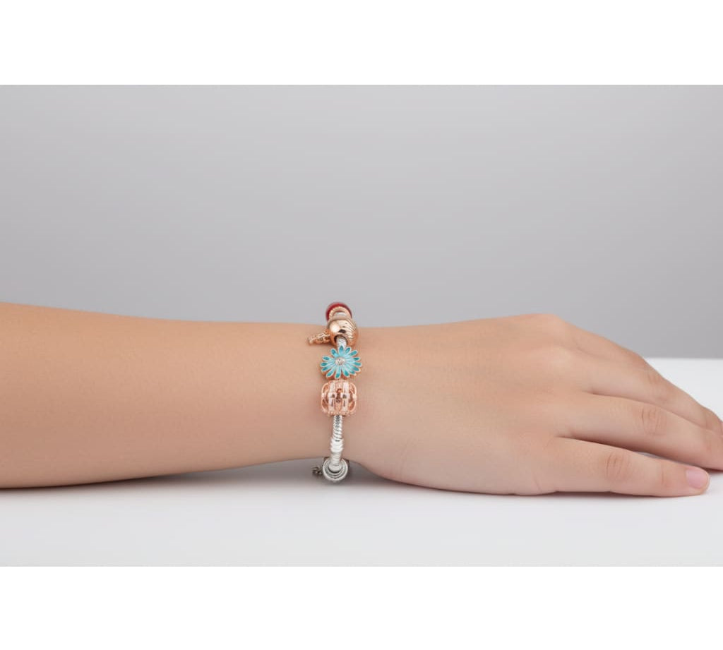 Charm Bead Silver Bracelet – 925 Sterling Silver Kada with Floral Enamel & Rose Gold Accents