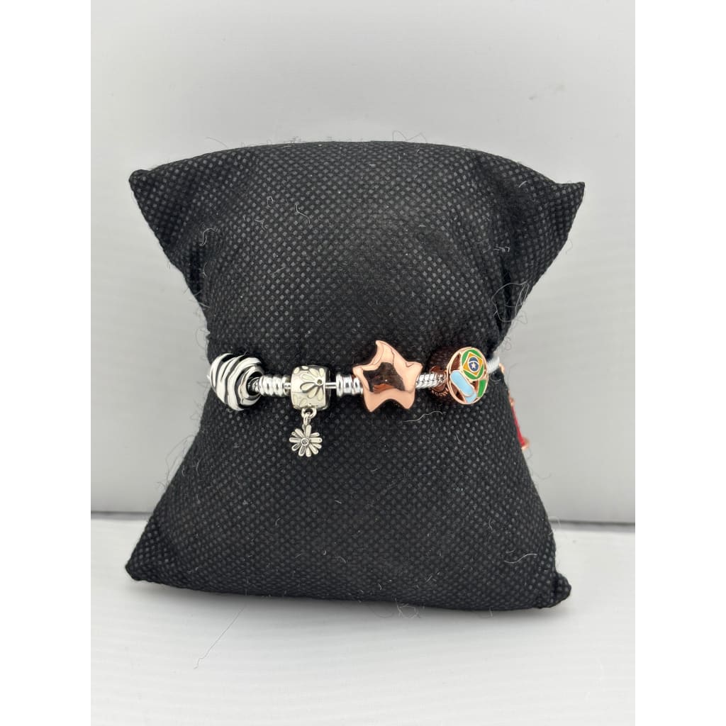 Charm Bead Silver Bracelet – 925 Sterling Silver Kada with Star, Floral & Enamel Charms