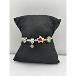 Charm Bead Silver Bracelet – 925 Sterling Silver Kada with Star, Floral & Enamel Charms