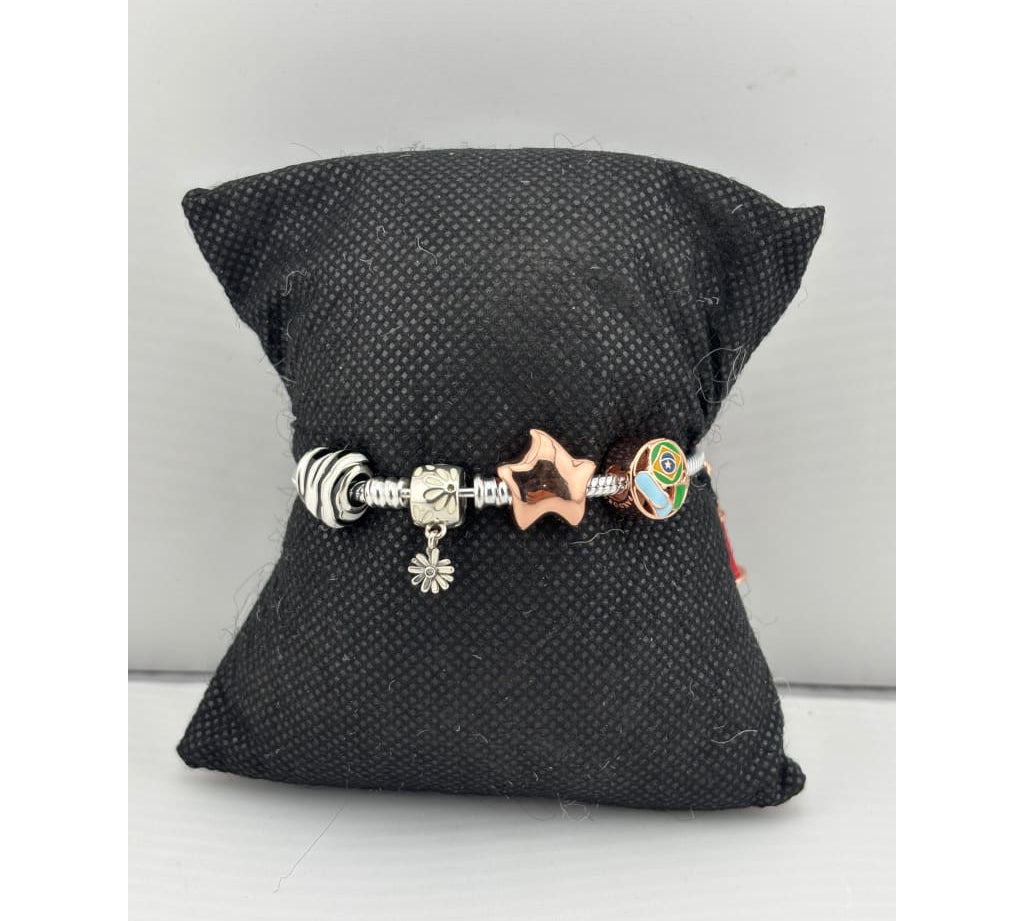 Charm Bead Silver Bracelet – 925 Sterling Silver Kada with Star, Floral & Enamel Charms