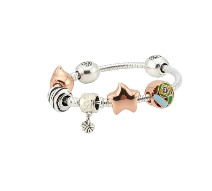 Charm Bead Silver Bracelet – 925 Sterling Silver Kada with Star, Floral & Enamel Charms