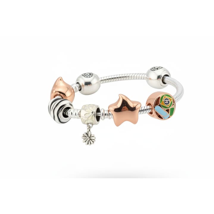 Charm Bead Silver Bracelet – 925 Sterling Silver Kada with Star, Floral & Enamel Charms
