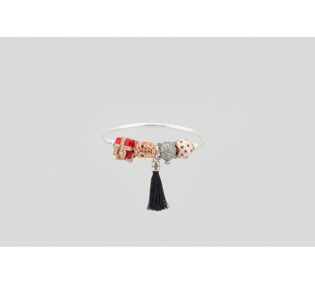 Charm Beaded Silver Bracelet – 925 Sterling Silver Kada with Designer Charms & Tassel