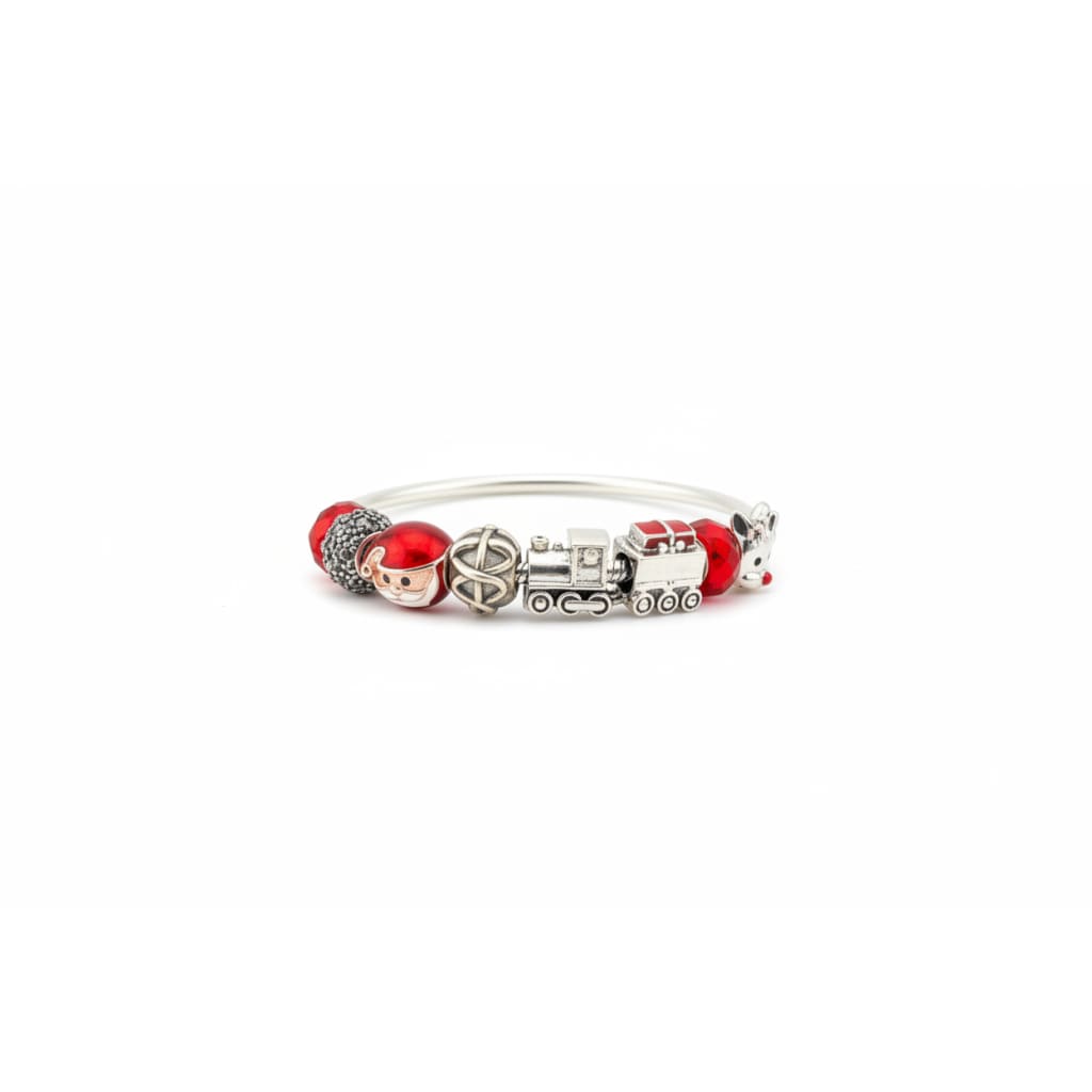 Christmas Charm Silver Bracelet – 925 Sterling Silver Kada with Santa, Train & Holiday Beads