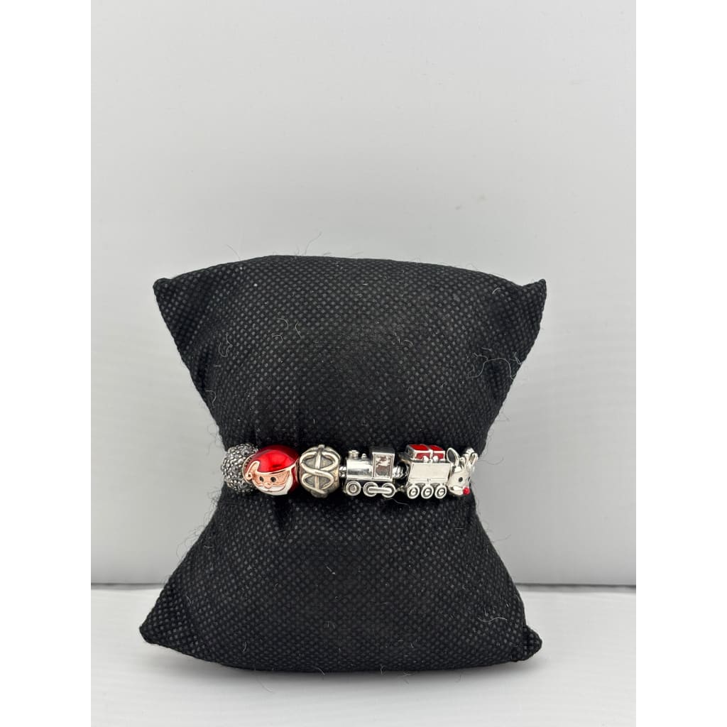 Christmas Charm Silver Bracelet – 925 Sterling Silver Kada with Santa, Train & Holiday Beads