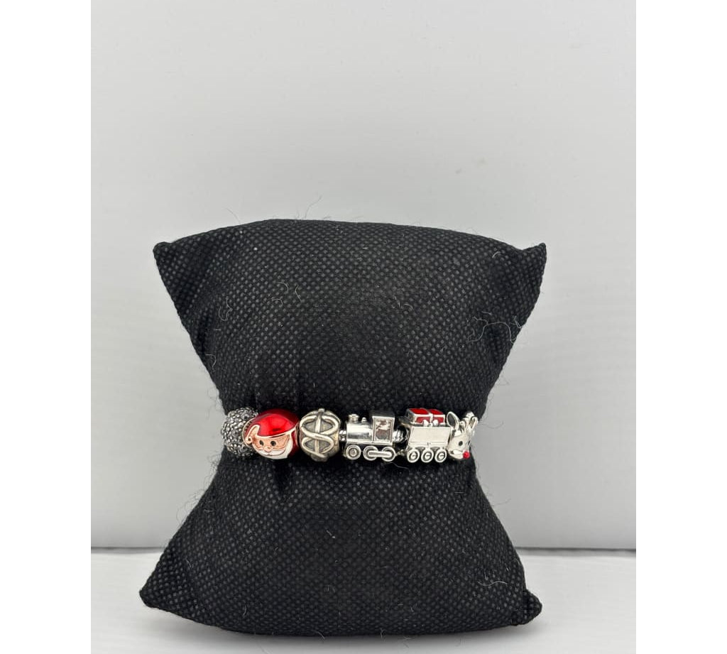 Christmas Charm Silver Bracelet – 925 Sterling Silver Kada with Santa, Train & Holiday Beads