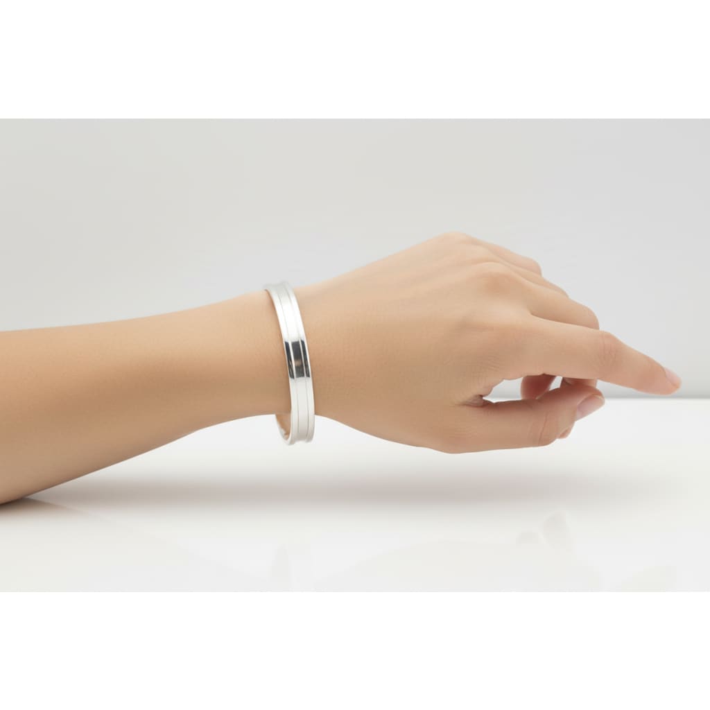 Plain Silver Kada – 925 Sterling Silver Bracelet Polished Minimal Band with Center Groove