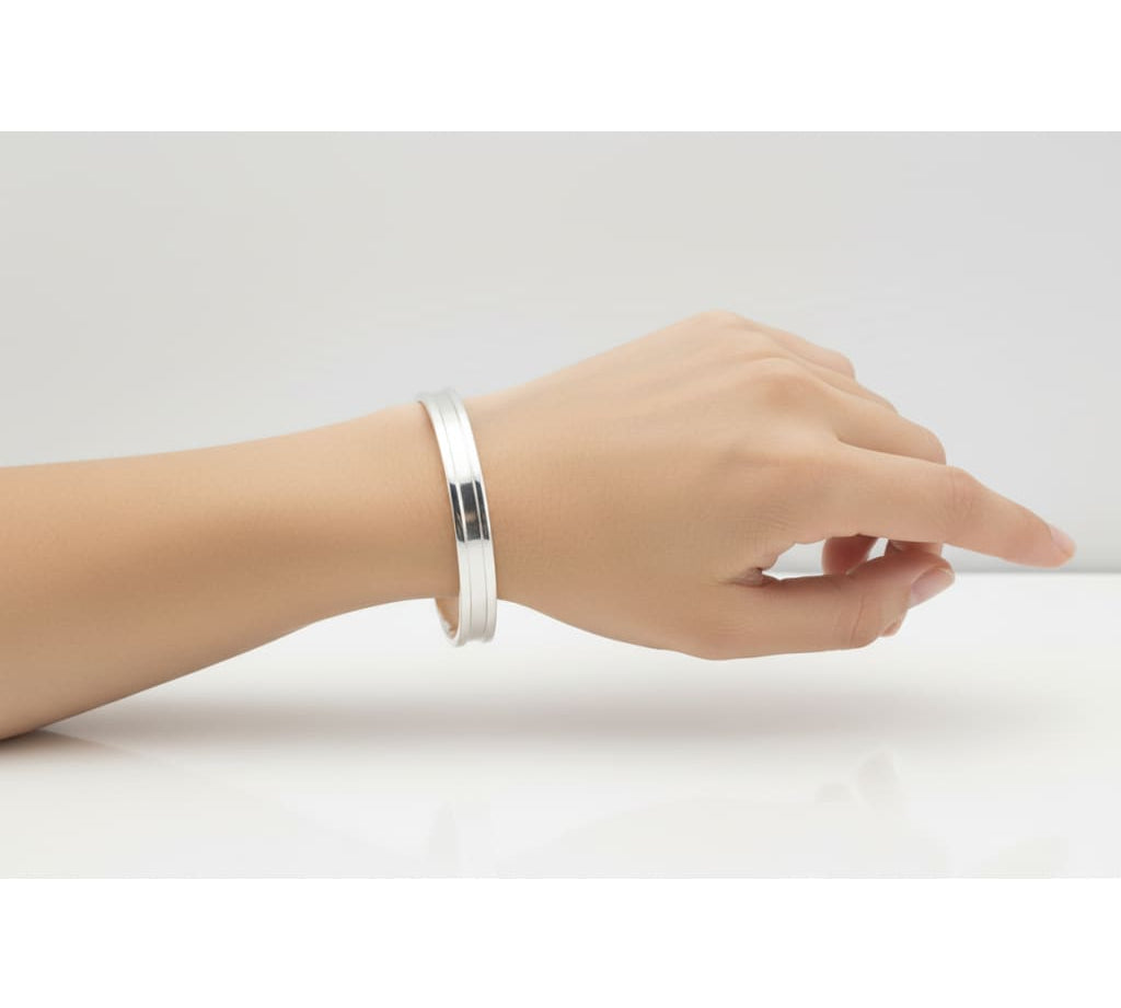 Plain Silver Kada – 925 Sterling Silver Bracelet Polished Minimal Band with Center Groove
