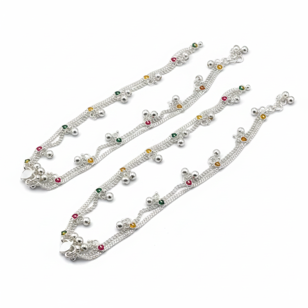 Color Pop Charm Silver Anklet – 99.9% Pure Silver – Adjustable – Multicolor Stones-43g