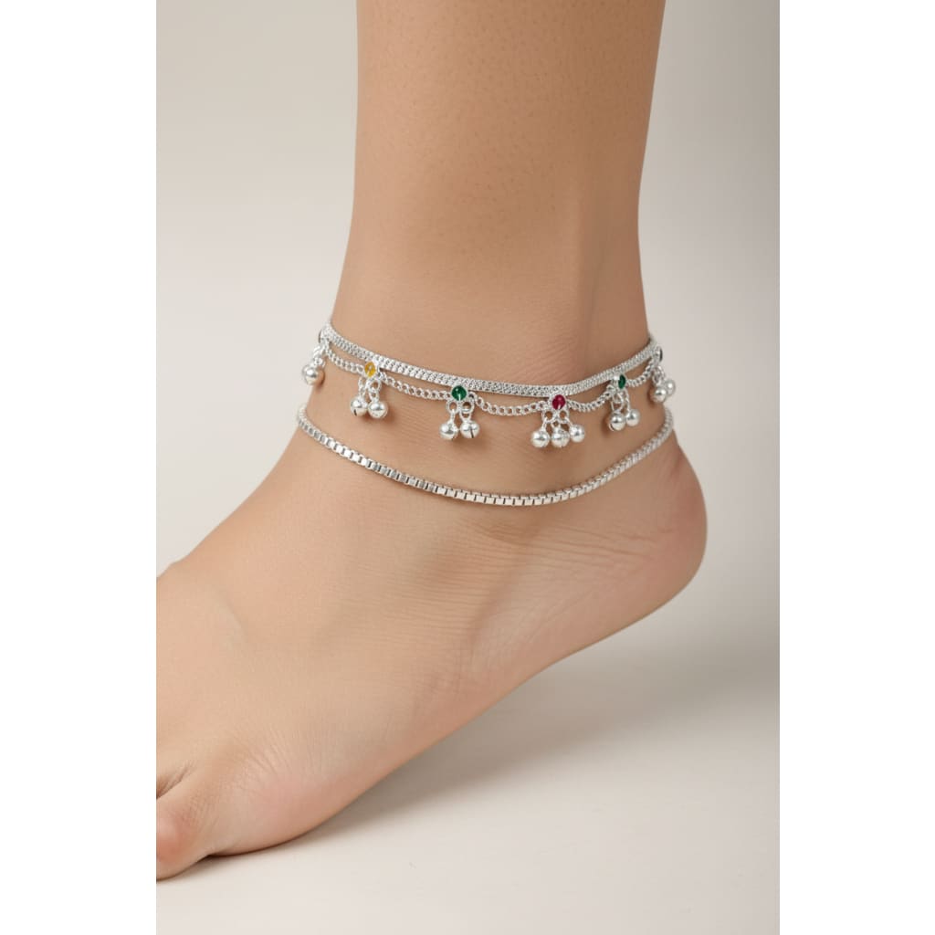 Color Pop Charm Silver Anklet – 99.9% Pure Silver – Adjustable – Multicolor Stones – 43g