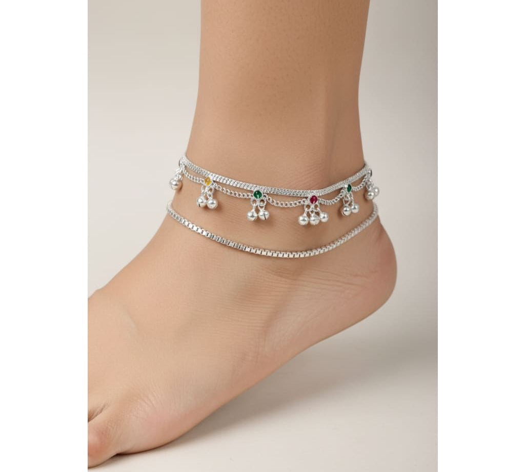 Color Pop Charm Silver Anklet – 99.9% Pure Silver – Adjustable – Multicolor Stones – 43g