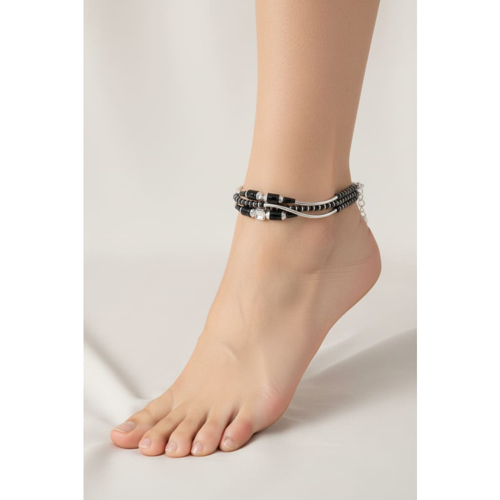Curved Connector Black Beaded Nazariya Anklet in 925 Sterling Silver