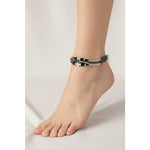 Curved Connector Black Beaded Nazariya Anklet in 925 Sterling Silver