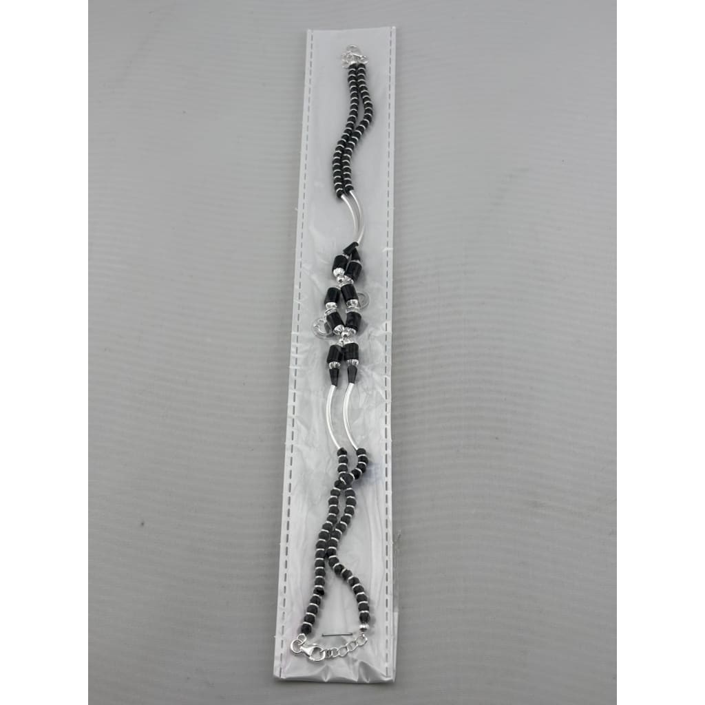 Curved Connector Black Beaded Nazariya Anklet in 925 Sterling Silver
