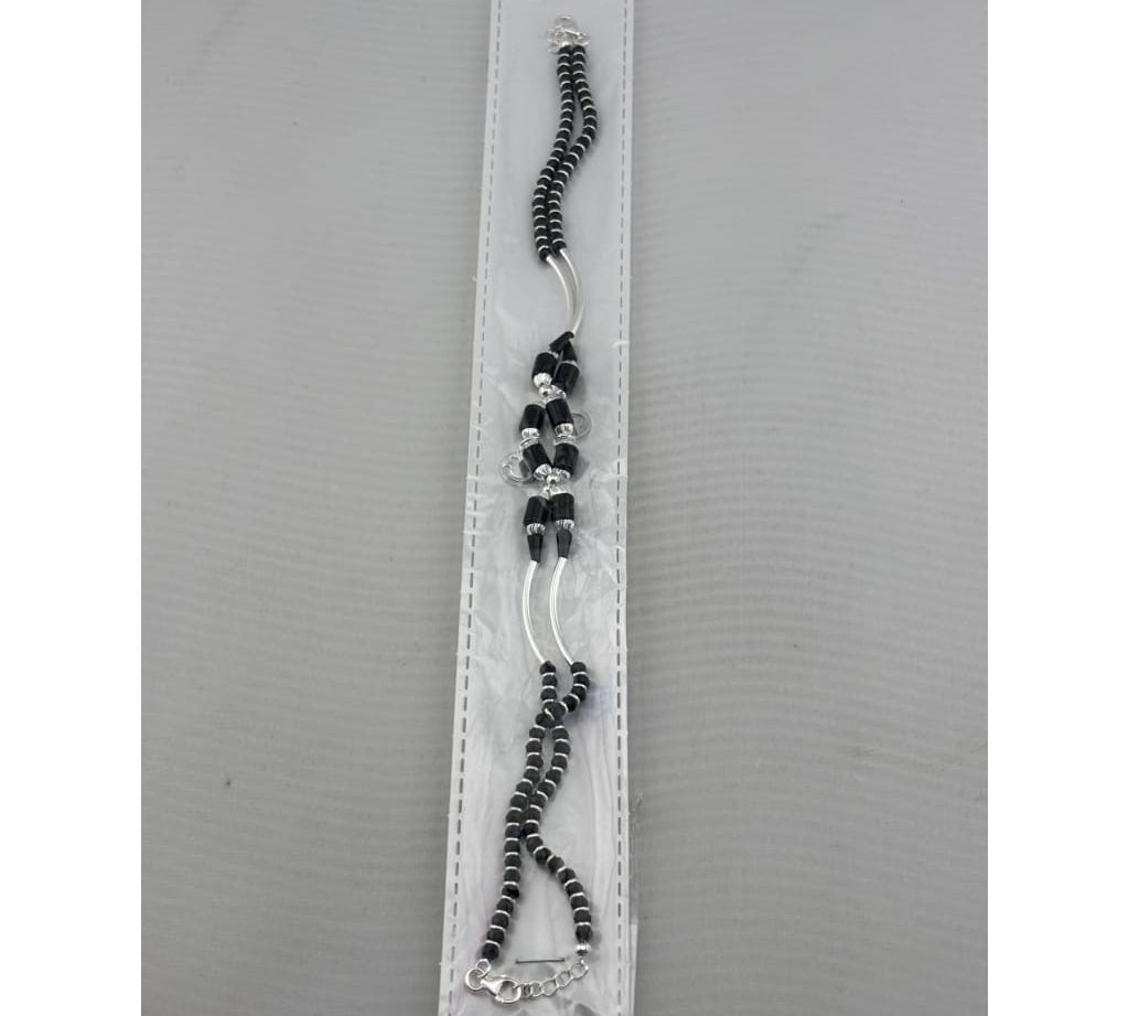 Curved Connector Black Beaded Nazariya Anklet in 925 Sterling Silver