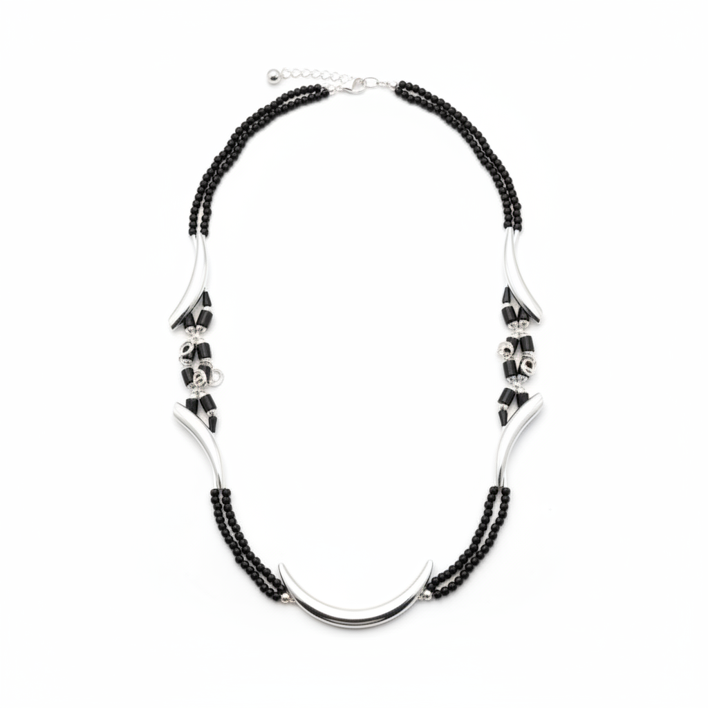 Curved Connector Black Beaded Nazariya Anklet in 925 Sterling Silver | Designer Protection Anklet-13g