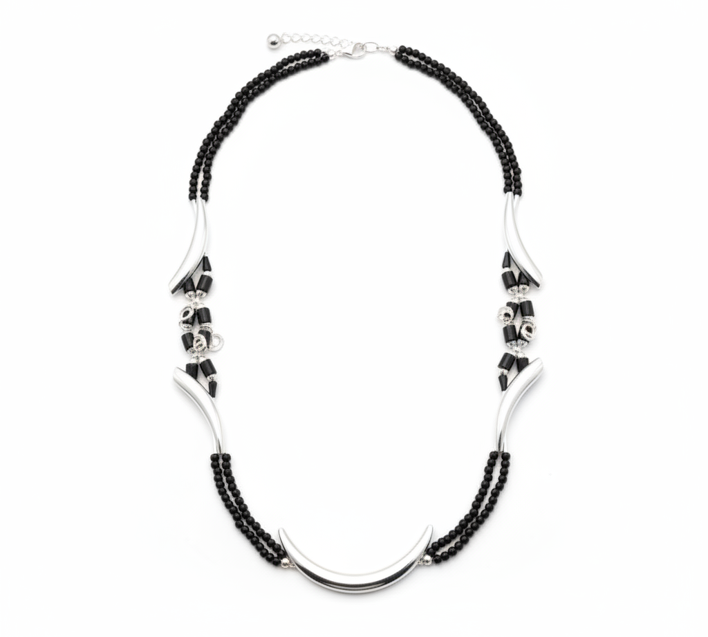 Curved Connector Black Beaded Nazariya Anklet in 925 Sterling Silver | Designer Protection Anklet-13g