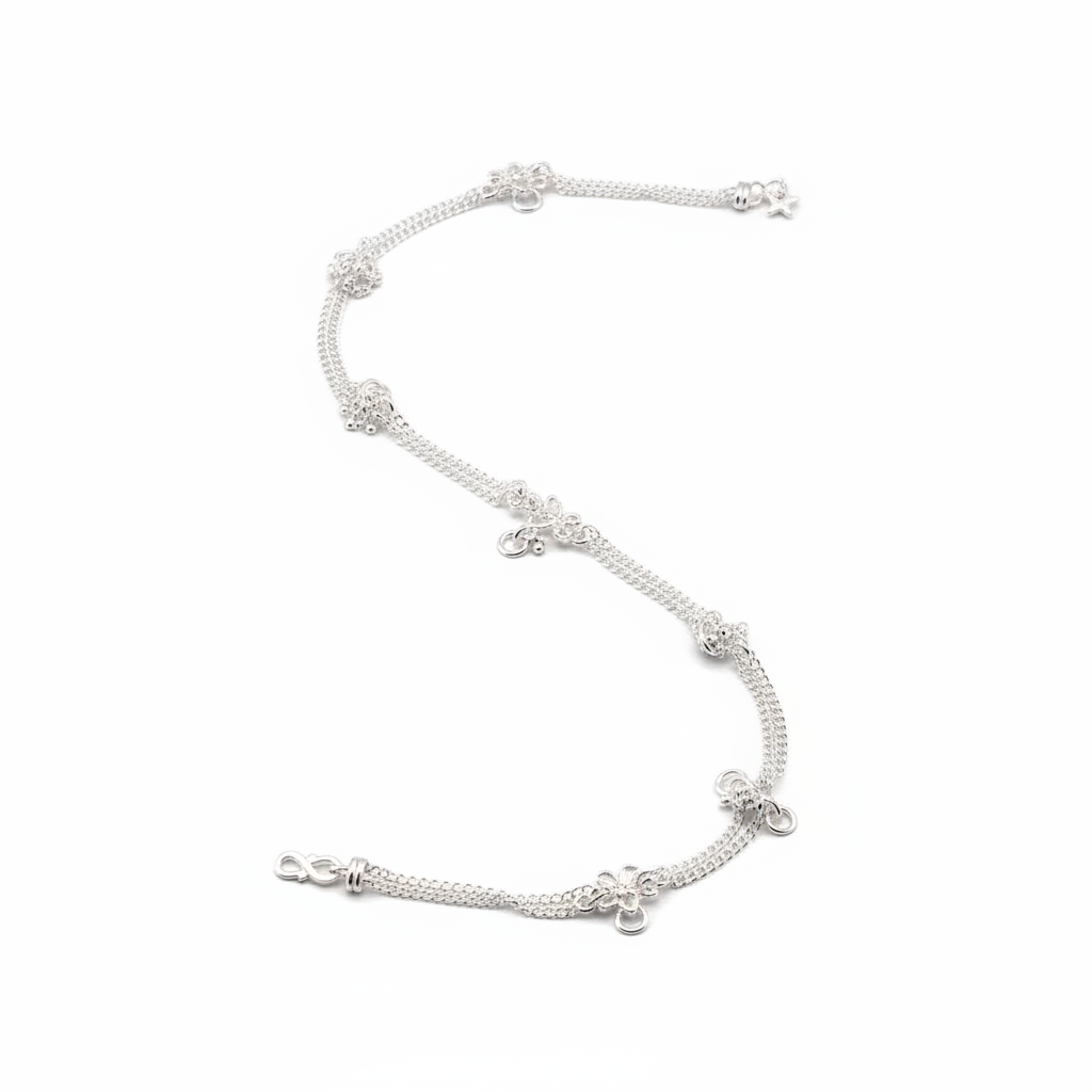 Double Chain Charm Silver Anklet – 99.9% Pure Silver – Weight:27g