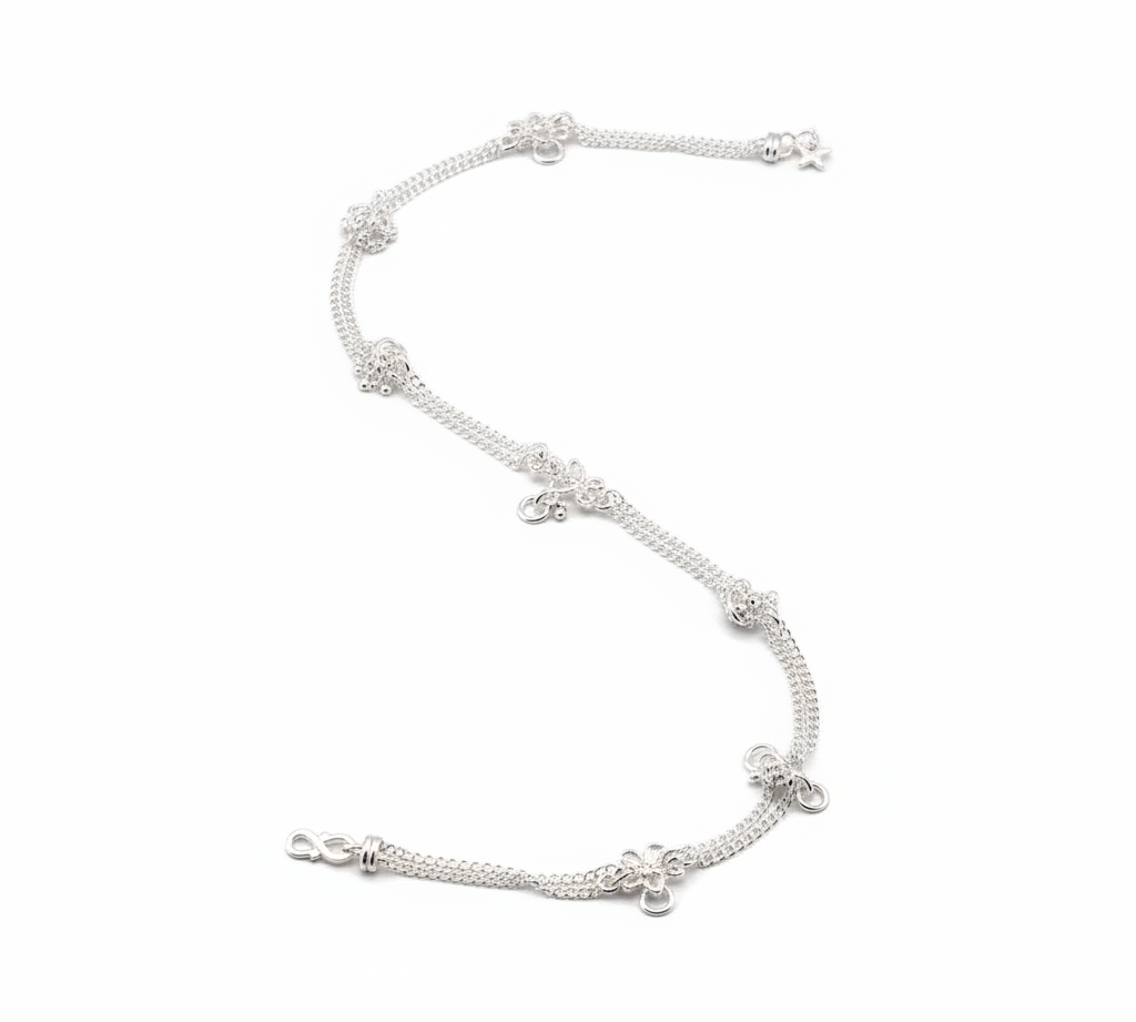 Double Chain Charm Silver Anklet – 99.9% Pure Silver – Weight:27g