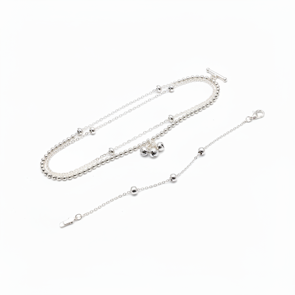 Double Layer Beaded Silver Anklet – 99.9% Pure Silver – Adjustable – Weight: 24 g