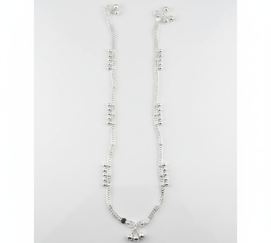 Dual Chain Wave Silver Anklet – 99.9% Pure Silver – Ghungroo Style – Adjustable – 36.80 g