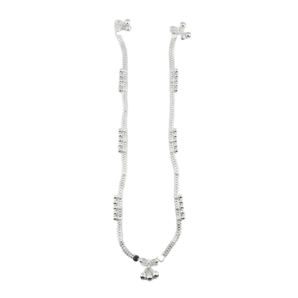 Dual Chain Wave Silver Anklet – 99.9% Pure Silver – Ghungroo Style – Adjustable – 36.80 g