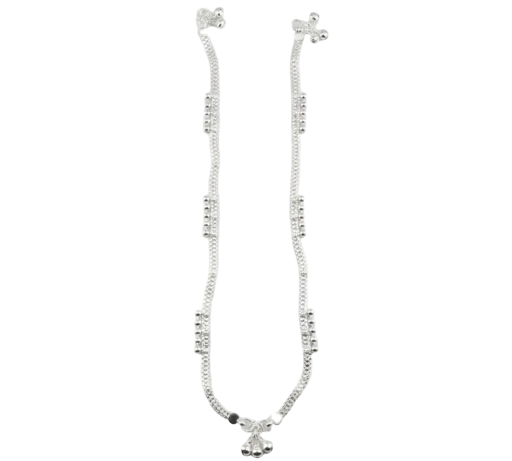 Dual Chain Wave Silver Anklet – 99.9% Pure Silver – Ghungroo Style – Adjustable – 36.80 g