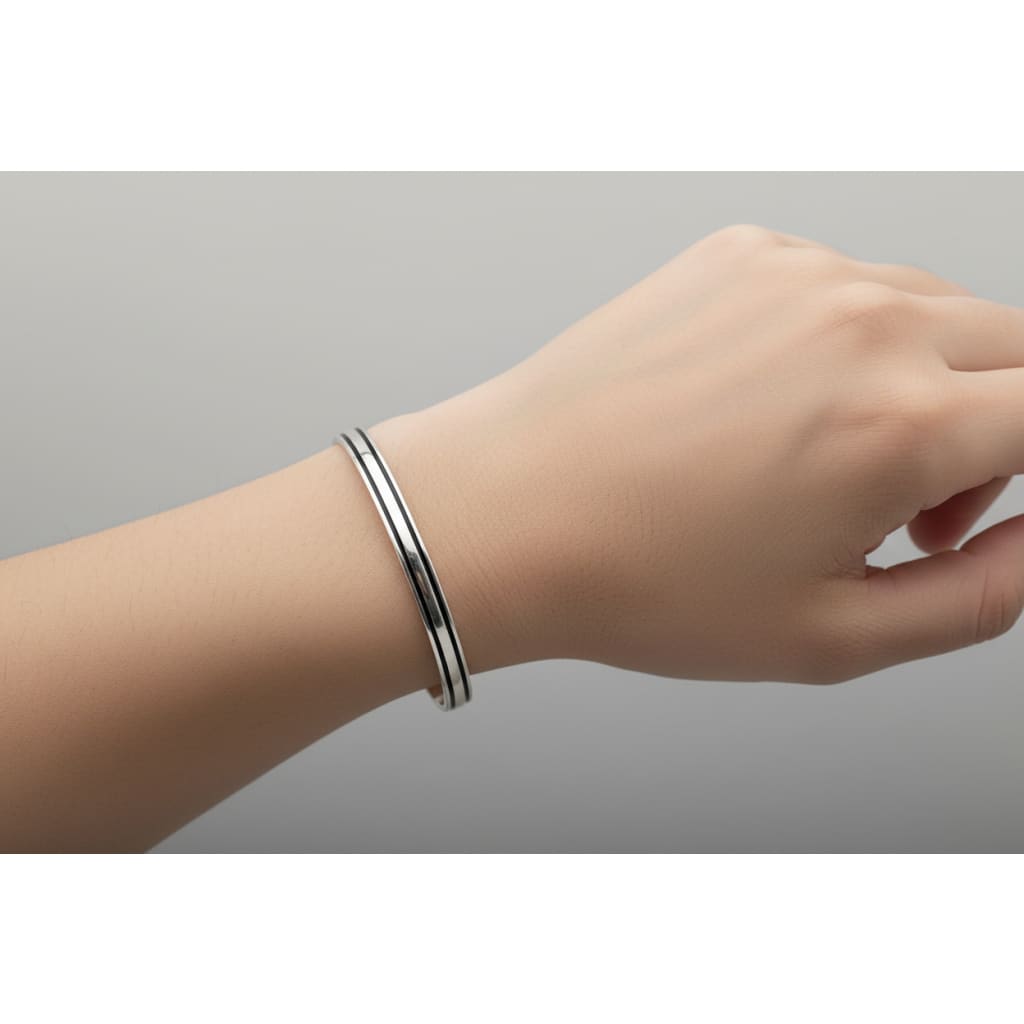 Dual Line Silver Kada – 925 Sterling Silver Bracelet Polished Band with Center Highlight Design