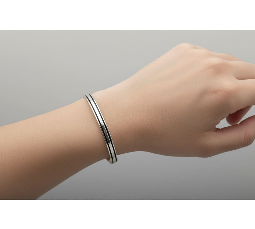 Dual Line Silver Kada – 925 Sterling Silver Bracelet Polished Band with Center Highlight Design
