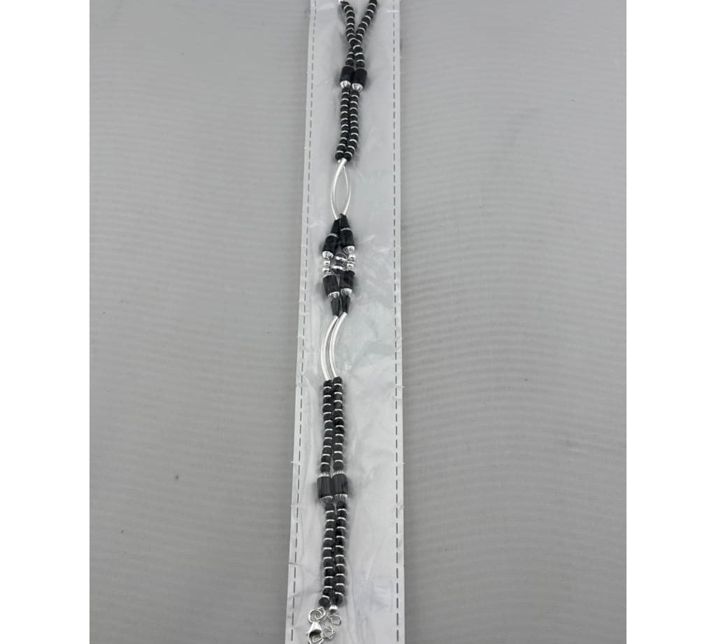 Dual Strand Black Beaded Nazariya Anklet in 925 Sterling Silver