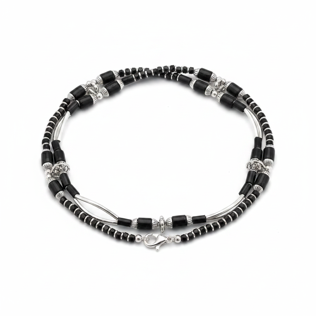 Dual Strand Black Beaded Nazariya Anklet in 925 Sterling Silver | Designer Evil Eye Anklet-13g