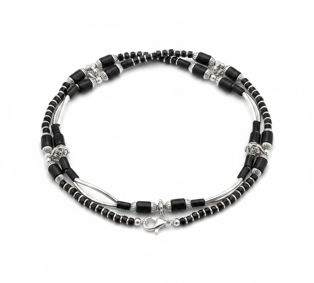 Dual Strand Black Beaded Nazariya Anklet in 925 Sterling Silver | Designer Evil Eye Anklet-13g