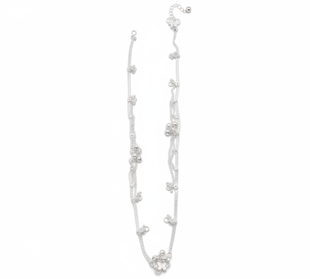 Flat Chain Tassel Charm Anklet – 925 Sterling Silver – Adjustable – 39g