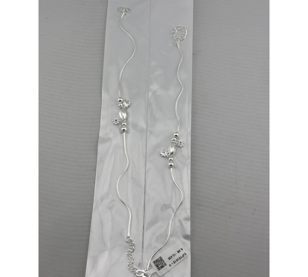 Floral Bead Accent Silver Anklet – 99.9% Pure Silver – Adjustable – 13.30 g