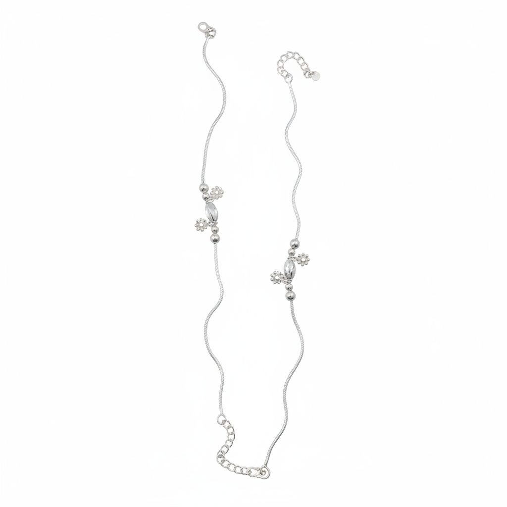 Floral Bead Accent Silver Anklet – 99.9% Pure Silver – Adjustable – 13.30 g