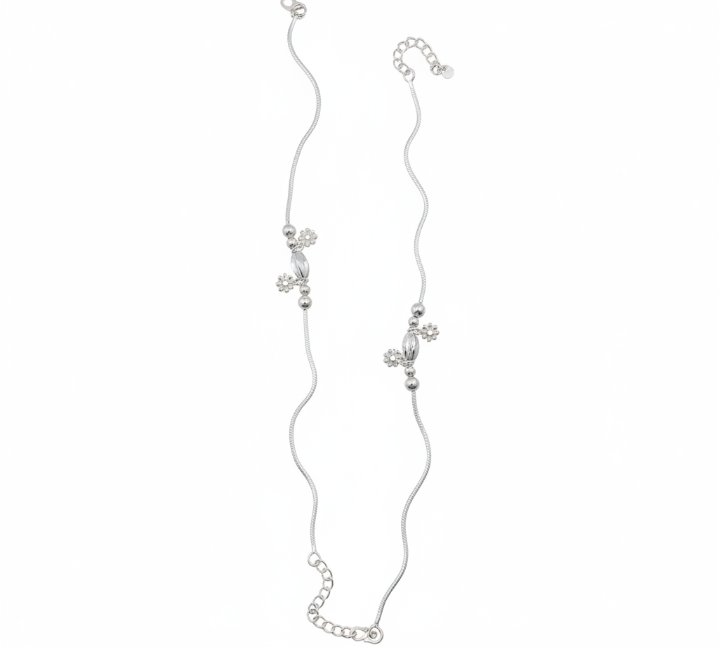 Floral Bead Accent Silver Anklet – 99.9% Pure Silver – Adjustable – 13.30 g