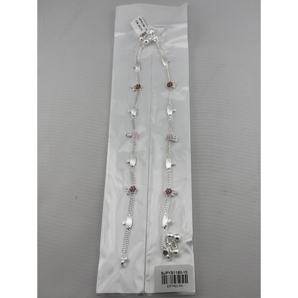 Floral Charm Anklet – 925 Sterling Silver – Pink & Red Stone Design – 22g