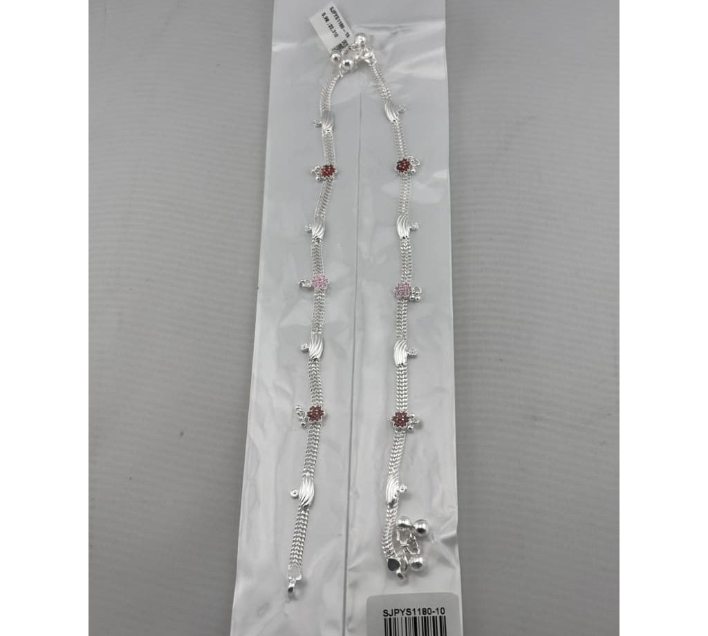 Floral Charm Anklet – 925 Sterling Silver – Pink & Red Stone Design – 22g